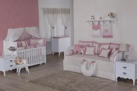 Kit Berço Padrão Menina Luxo Rose blush com Linho 9 Peças