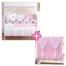 Kit Berço Padrão Trançado Completo Ursa Baby Rosa Menina Divertida 11 + Cortina Voal Varão Simples