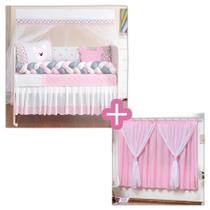 Kit Berço Padrão Trançado Ursa Baby Rosa Menina 11+ Cortina