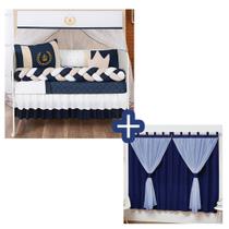 Kit Berço Protetor Americano + Cortina Coroa Luxo Príncipe Azul Marinho Menino Completo 12 peças