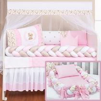 Kit Berço Protetor Lateral Trança Completo Urso Teddy Rosa Menina Ninho Trança 12 peças