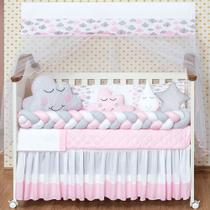 Kit Berço Protetor Trança Americano Completo Cabeceira Nuvem Chuva de Amor Rosa Menina 13 Peças com Traveseiro Kit Berço Protetor Trança Americano Completo Cabeceira Nuvem Chuva de Amor Rosa Menina 13 Peças com Traveseiro