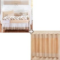 Kit Berço Trança Completo Americano Doce baby Bege + Cortina Ilhós Estampada 12 peças