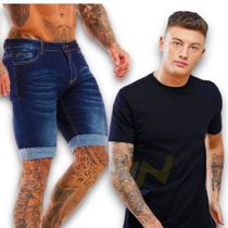Kit Bermuda Jeans Skinny + Camiseta Algodão Manga Curta Masculina 469