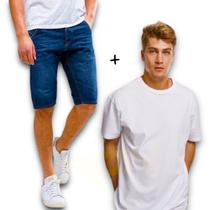 Kit Bermuda Jeans Skinny + Camiseta Algodão Masculina Manga Curta 468