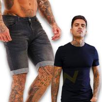 Kit Bermuda Jeans Skinny + Camiseta Masculina Manga Curta Algodão 471