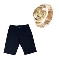 Kit Bermuda Masculina Alfaiataria Sarja Mais Relogio Dourado