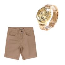 Kit Bermuda Masculina Alfaiataria Sarja Mais Relogio Dourado