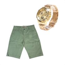 Kit Bermuda Masculina Alfaiataria Sarja Mais Relogio Dourado