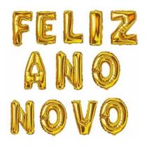 Kit Bexiga Balão Metalizado Feliz Ano Novo Dourado 40 cm