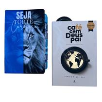 Kit Bíblia Azul Seja forte e corajoso com Abas coladas + Café com Deus pai