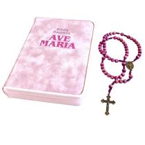 Kit Bíblia Católica Terço Nossa Senhora das Graças Sagrada Ave-Maria Capa Rosa Média Crucifixo