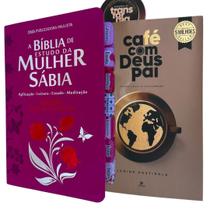 Kit Biblia da Mulher Sabia de estudos pink com abas adesivas + Cafe com Deus Pai 2025