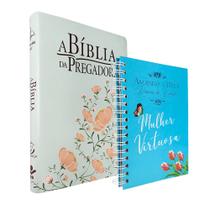 Kit Bíblia da Pregadora RC Luxo Flores Verde/Salmão + Diário de Oração Amando a Deus Mulher Virtuosa