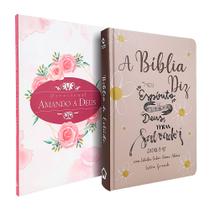 Kit Bíblia de Estudo Diz NAA Lettering + Devocional Amando a Deus Rosas Aquarela