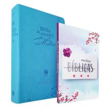 Kit Bíblia de Estudos da Mulher NVT Azul Flores + Caderno Anotações Aquarela