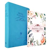 Kit Bíblia de Estudos da Mulher NVT Azul Flores + Devocional Amando a Deus Flores