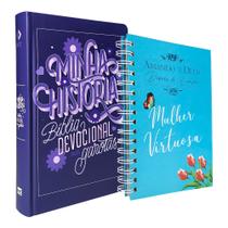 Kit Bíblia Devocional para Garotas Minha História NVT Capa Dura Lettering + Diário de Oração Mulher Virtuosa