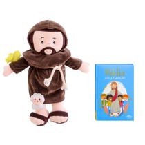 Kit Bíblia Infantil Azul Religioso Para Crianças Com Boneco De Pano São Francisco De Assis Antialérgico Macio Educativo