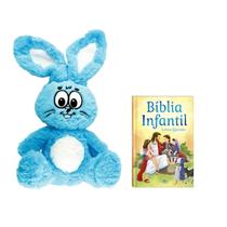Kit Bíblia Infantil Ilustrada Histórias Bíblicas + Coelho Sansão Pelúcia 28cm Presente Especial de Páscoa para Crianças