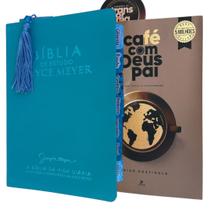 Kit Biblia Joyce Meyer de estudos com abas adesivas Azul Tifany + marca paginas glitter + Café com Deus Pai 2025