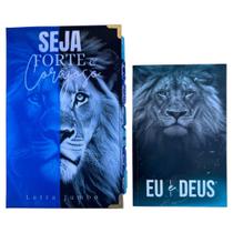 Kit Bíblia Jumbo + Eu e Deus Leão Azul seja forte e corajoso Abas adesivas Capa dura Acolchoada e Harpa