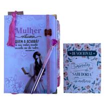 Kit Bíblia Mulher Virtuosa com Abas adesivas capa dura ARC + devocional + caneta + marca páginas