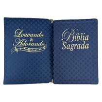 Kit Biblia Nvi + Pasta de louvor Azul xadrez material sintético