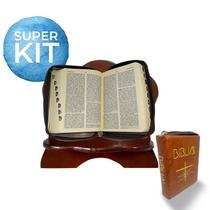 Kit Biblia Sagrada 20cm Com Suporte Grande Para Sala 28cm