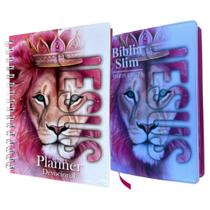 Kit Bíblia Slim Cpad leão Jesus pink com Harpa cristã + Agenda Planner Devocional