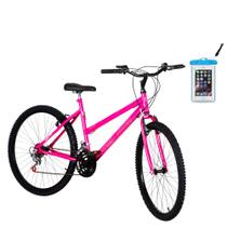 Kit Bicicleta Feminina Ultra Bikes Aro 26 Rosa 18 Marchas e Capa Impermeável para Celular