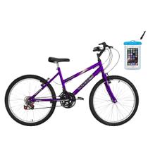 Kit Bicicleta Ultra Bikes Feminina Aro 24 Lilás 18 Marchas e Capa Impermeável para Celular