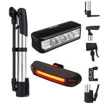 Kit Bike Power 3 em 1 com Bomba de Ar Manual, Farol LED Frontal e Lanterna USB Recarregável