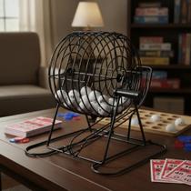 Kit Bingo Completo com 75 Bolas Numeradas Gaiola Rotativa Base Numerada até 75 Portátil