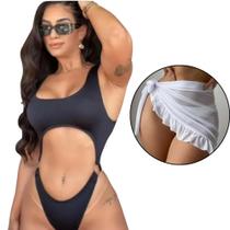 KIT Biquíni Body Argola Maio Estilo Asa Delta +Saia Pareô Curta Saída Praia Envelope Babado