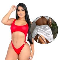 KIT Biquíni Body Argola Maio Estilo Asa Delta +Saída De Praia Tule Transparente Franzida Ajuste