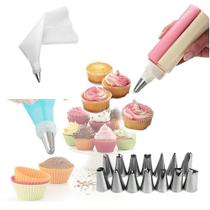 Kit Bisnaga Bico Confeiteiro Dupla Profissional + Kit Saco Confeiteiro Bisnaga Lavável + 12 Bicos Confeitar Bolo Torta