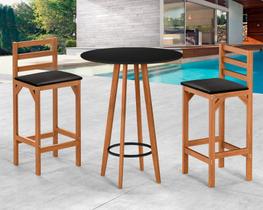 Kit Bistrô Moderno Tampo Preto pés Madeira com 2 Banquetas De Madeira Premium Bar Pub