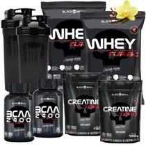 Kit Black Skull: 2x Whey Turbo 907g + 2x Creatina Refil 150g + 2x Bcaa 30 tabs + 2 Coqueteleiras