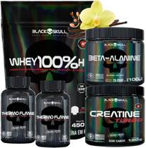 Kit Black Skull: Whey 100% hd Refil 900g + 2x Cafeína Thermo Flame 60 tabs + Beta Alanina 100g + Creatina Turbo 150g