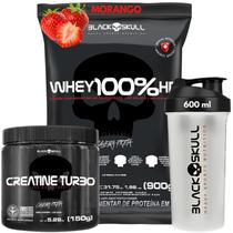 Kit Black Skull Whey Protein 100% HD Pure Concentrado Isolado Hidrolisado + Creatina + Coqueteleira