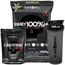Kit Black Skull Whey Protein 100% HD Pure Concentrado Isolado Hidrolisado + Creatina + Coqueteleira