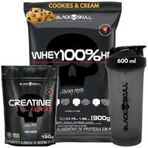 Kit Black Skull Whey Protein 100% HD Pure Concentrado Isolado Hidrolisado + Creatina + Coqueteleira