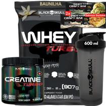 Kit Black Skull Whey Protein TURBO Concentrado 907g+ Creatina Monohidratada Turbo 150g+ Coqueteleira
