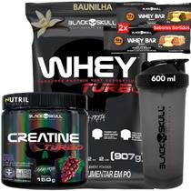 Kit Black Skull Whey Protein TURBO Concentrado 907g+ Creatina Monohidratada Turbo 150g+ Coqueteleira