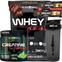 Kit Black Skull Whey Protein TURBO Concentrado 907g+ Creatina Monohidratada Turbo 150g+ Coqueteleira