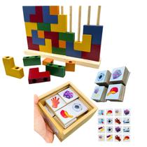 Kit Bloco de Encaixe Tetris Madeira e Jogo da Memória Objetos 40 Peças Madeira