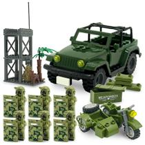 Kit Bloco De Montar Veiculos Militares Carro e Moto com 6 Bonecos E Torre mais acessorios