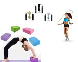 Kit Bloco De Yoga + Corda De Pular Exercicios Em Casa