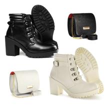 Kit Blogueira Botinha Coturno Feminino Dois Pares Com Bolsas